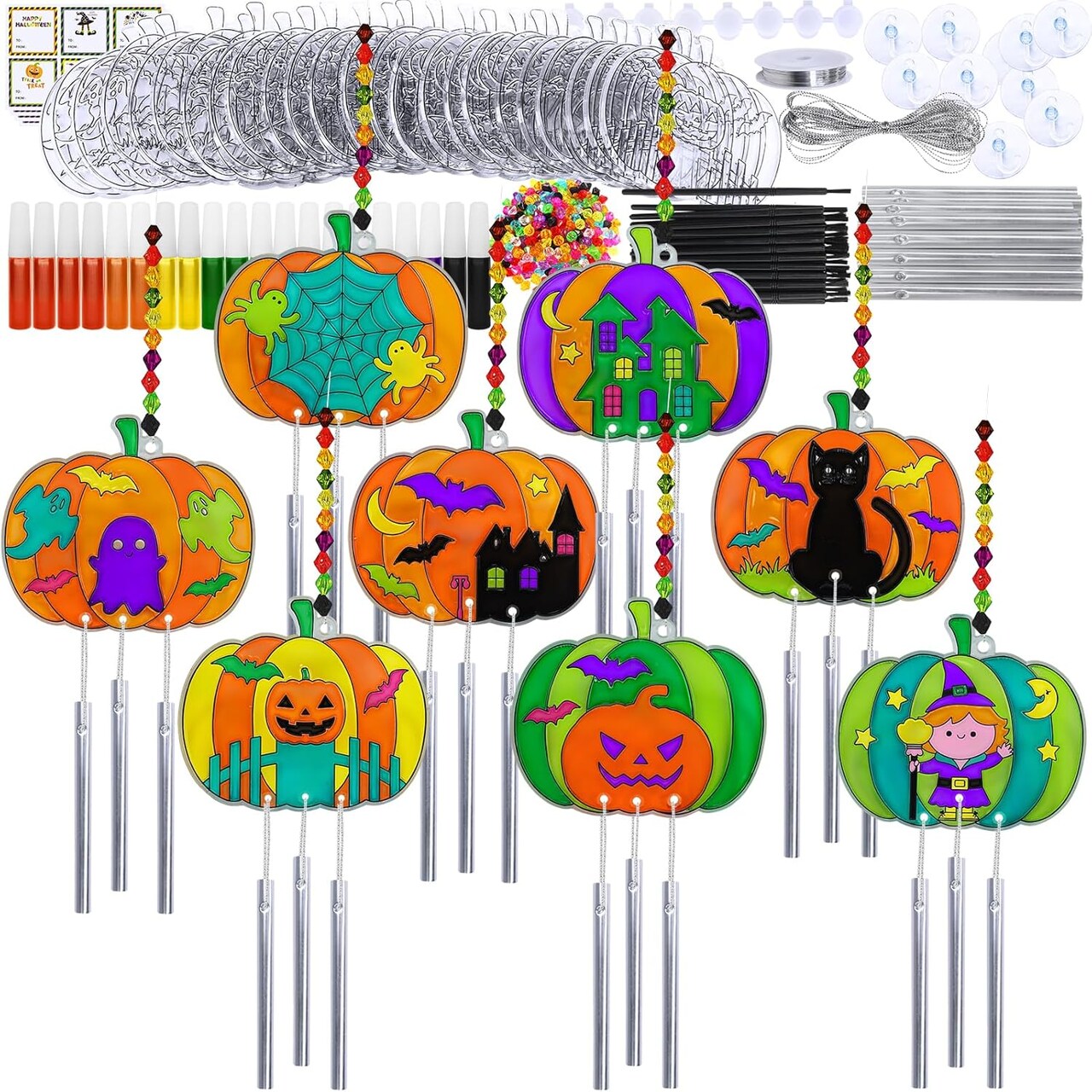 Suncatcher Wind Chime Ornaments Decorations DIY Window Paint Art Suncatcher Craft Kits Pumpkin Sun Catchers for Kids Classroom Halloween Activities Holiday Art Project